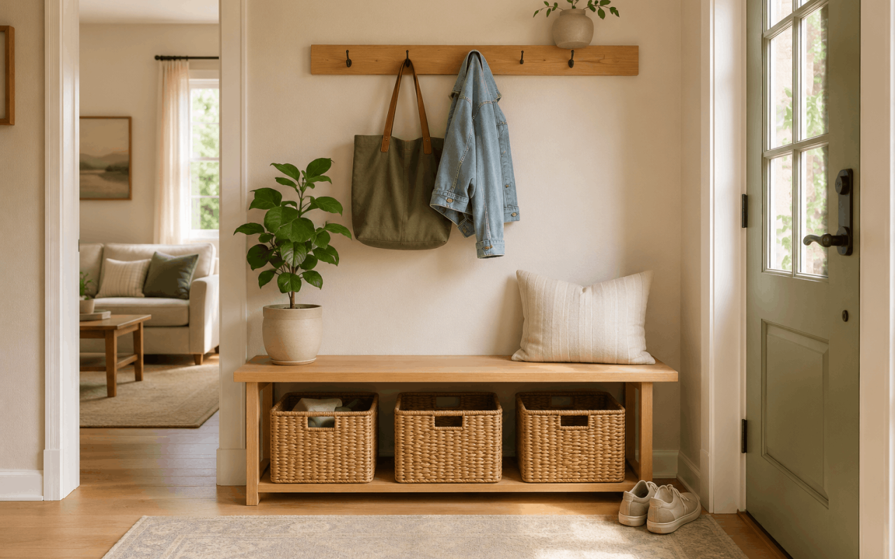 Organized small entryway with hooks, bench, and storage baskets