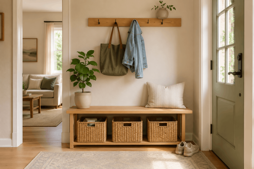 Organized small entryway with hooks, bench, and storage baskets