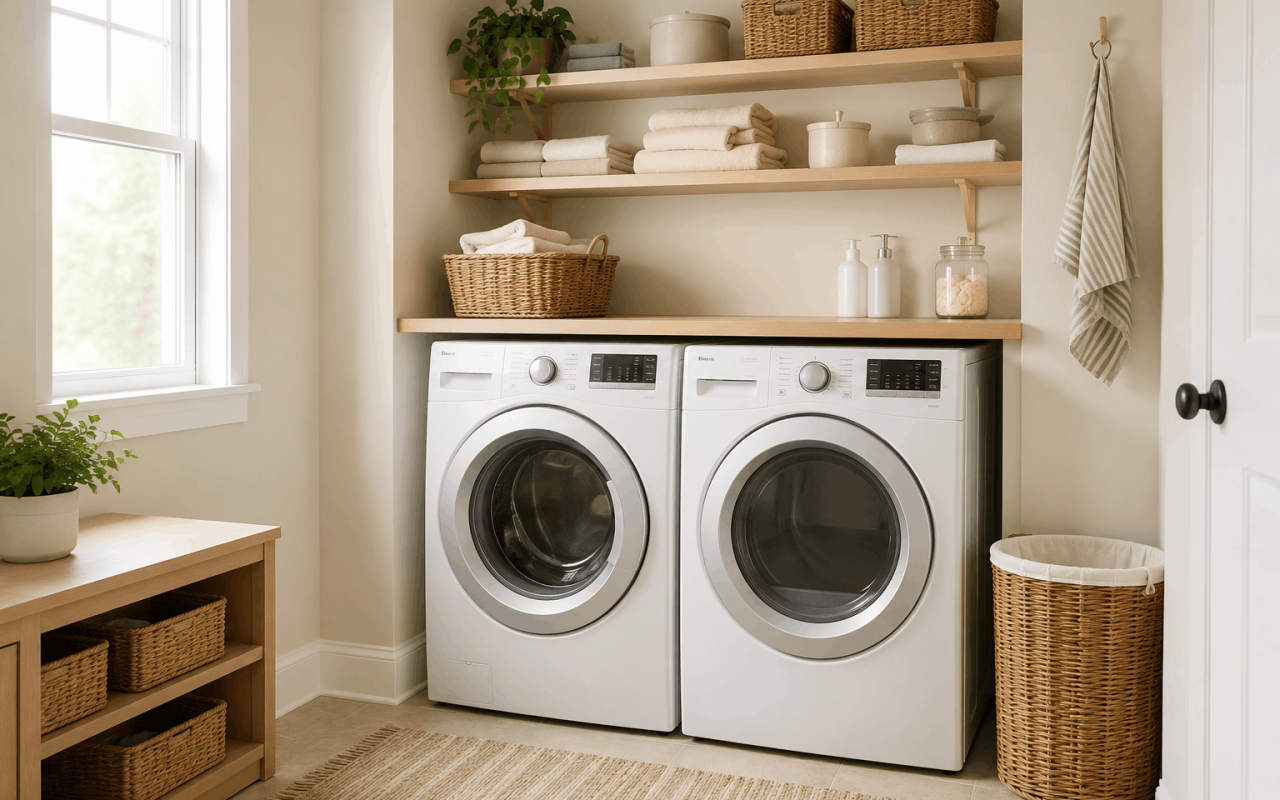 Compact laundry area with practical shelves and woven baskets