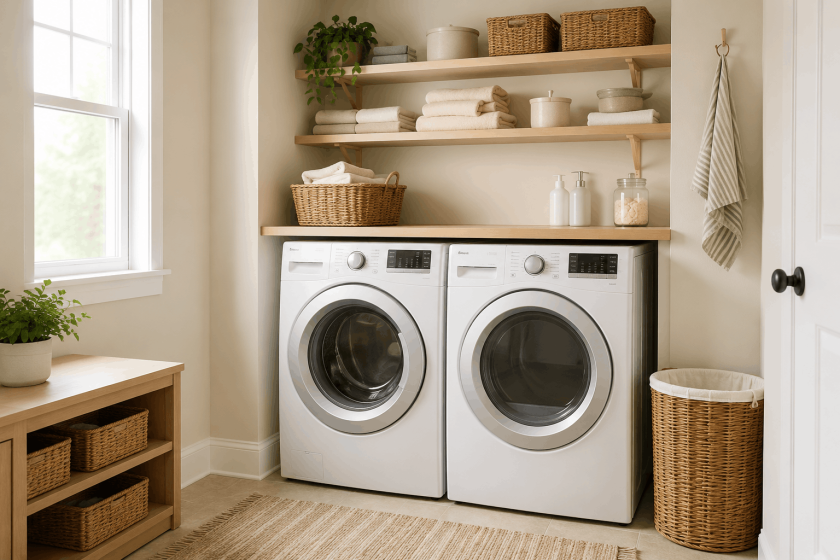 Compact laundry area with practical shelves and woven baskets