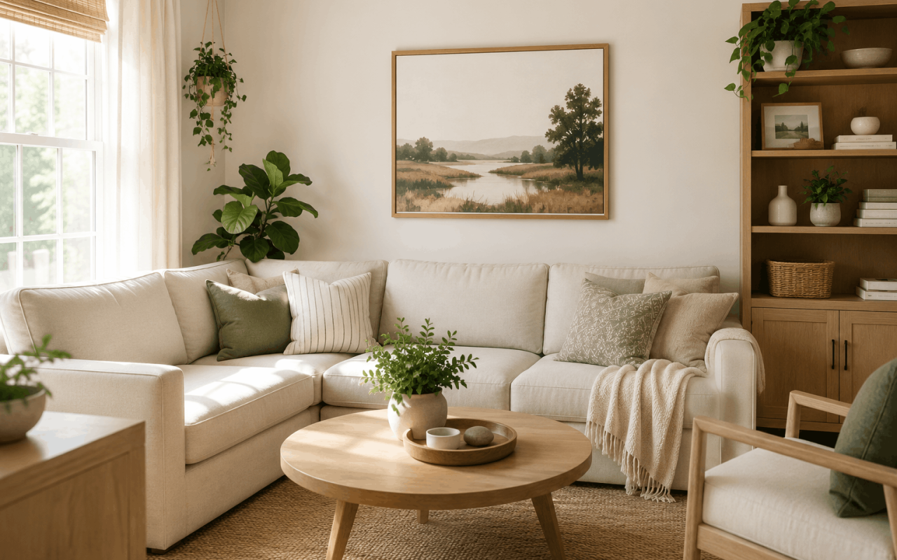 Comfortable small living room with family-friendly furniture