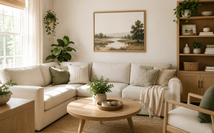 Comfortable small living room with family-friendly furniture