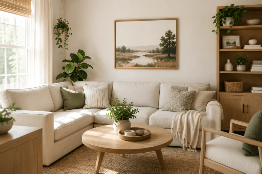 Comfortable small living room with family-friendly furniture