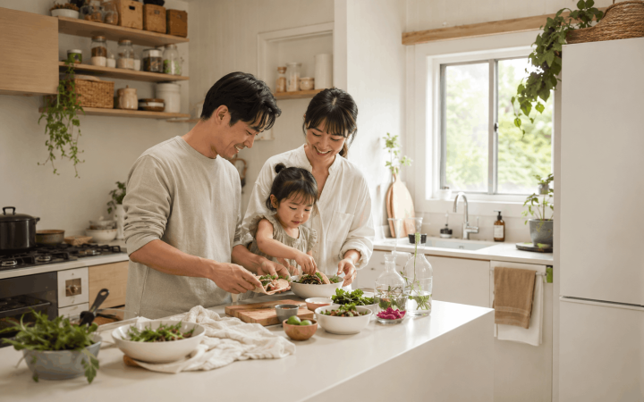 Family preparing food together in a bright organized kitchen