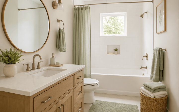 Calm small bathroom with simple storage and sage accents