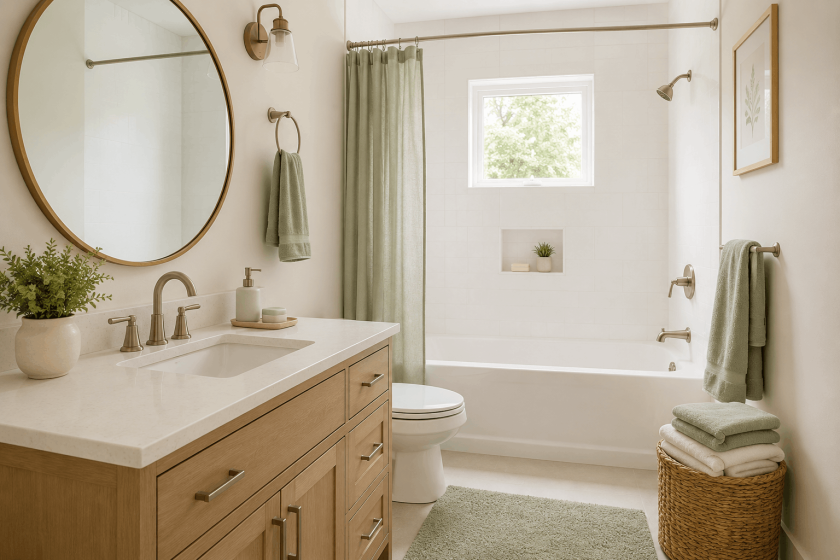Calm small bathroom with simple storage and sage accents