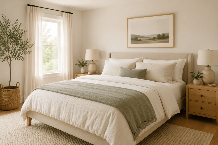Calm small bedroom in warm neutral colors