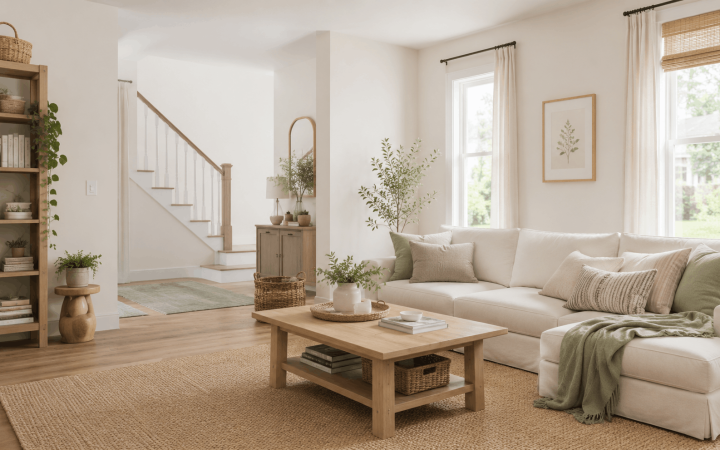 Bright small-family living room with practical storage and warm neutral decor