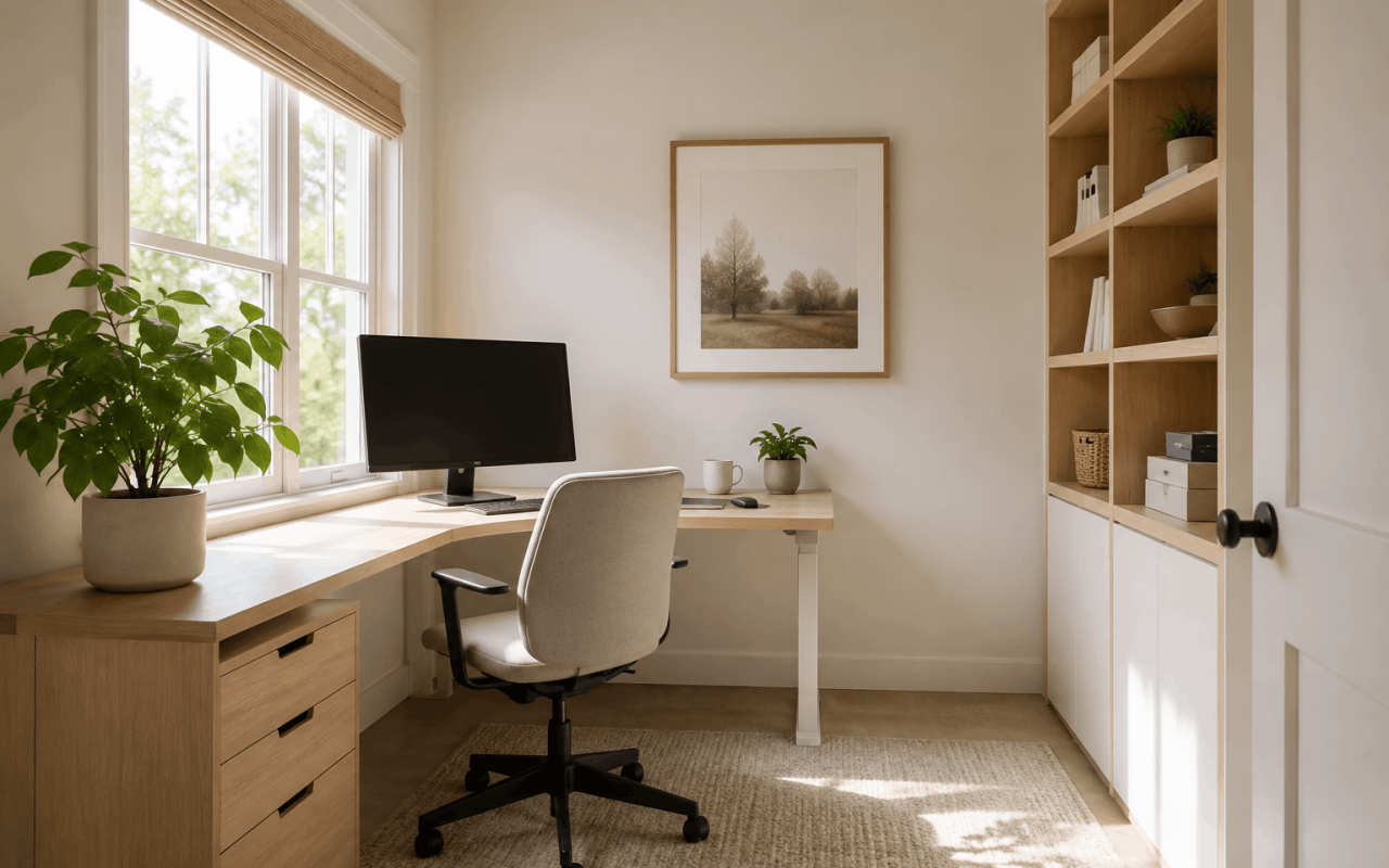 Bright compact home office with a simple desk and built-in storage