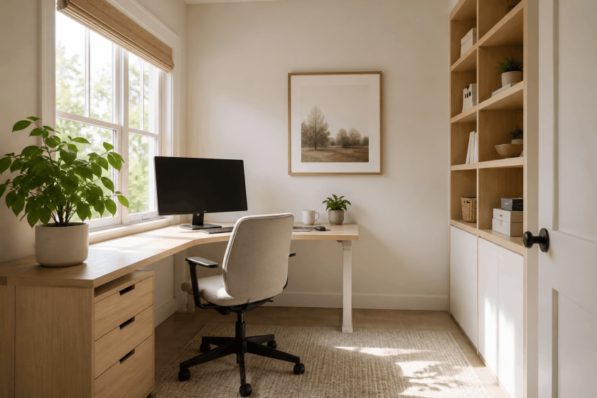 Bright compact home office with a simple desk and built-in storage