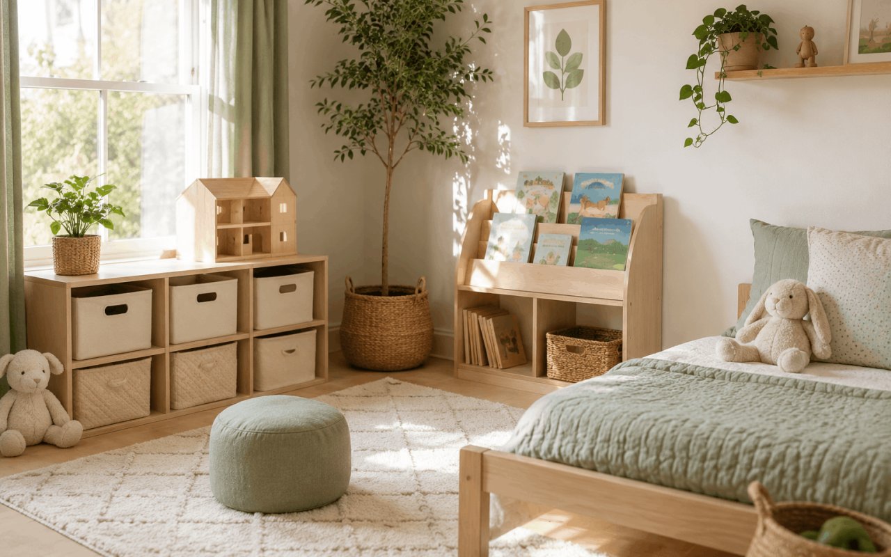 Organized children’s room with accessible toy and book storage