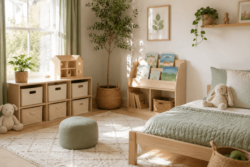 Organized children’s room with accessible toy and book storage