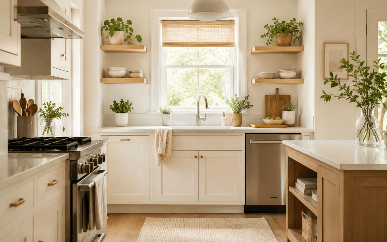 Bright small kitchen with open shelves and practical storage
