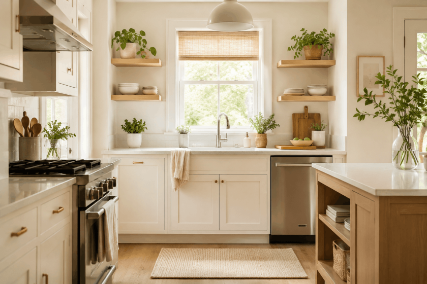 Bright small kitchen with open shelves and practical storage