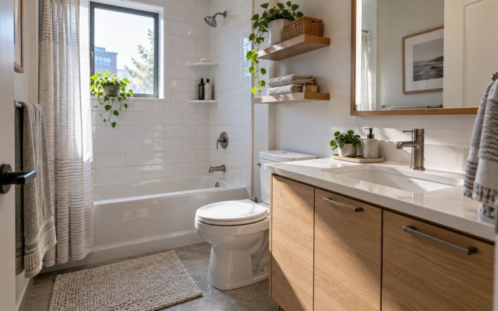 Bright clean small family bathroom after a realistic ten-minute maintenance routine.
