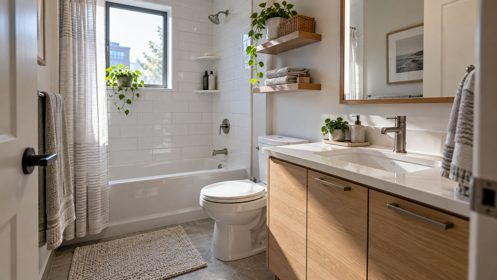 Bright clean small family bathroom after a realistic ten-minute maintenance routine.