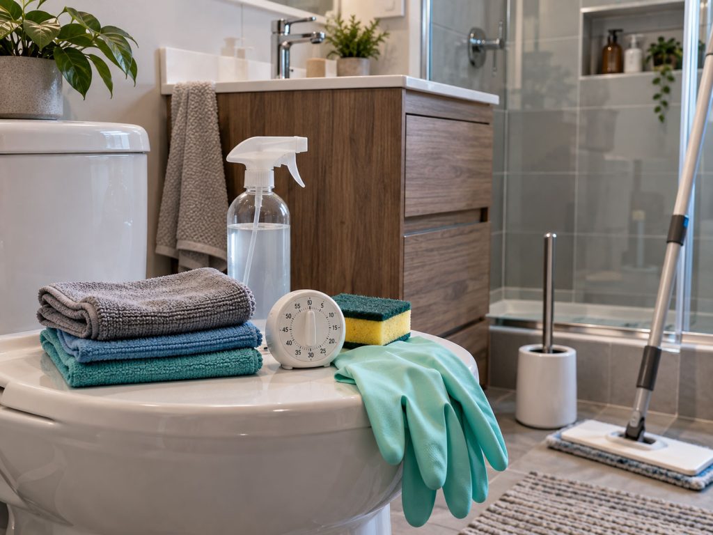 Small bathroom cleaning kit arranged beside a timer before a quick cleaning routine.