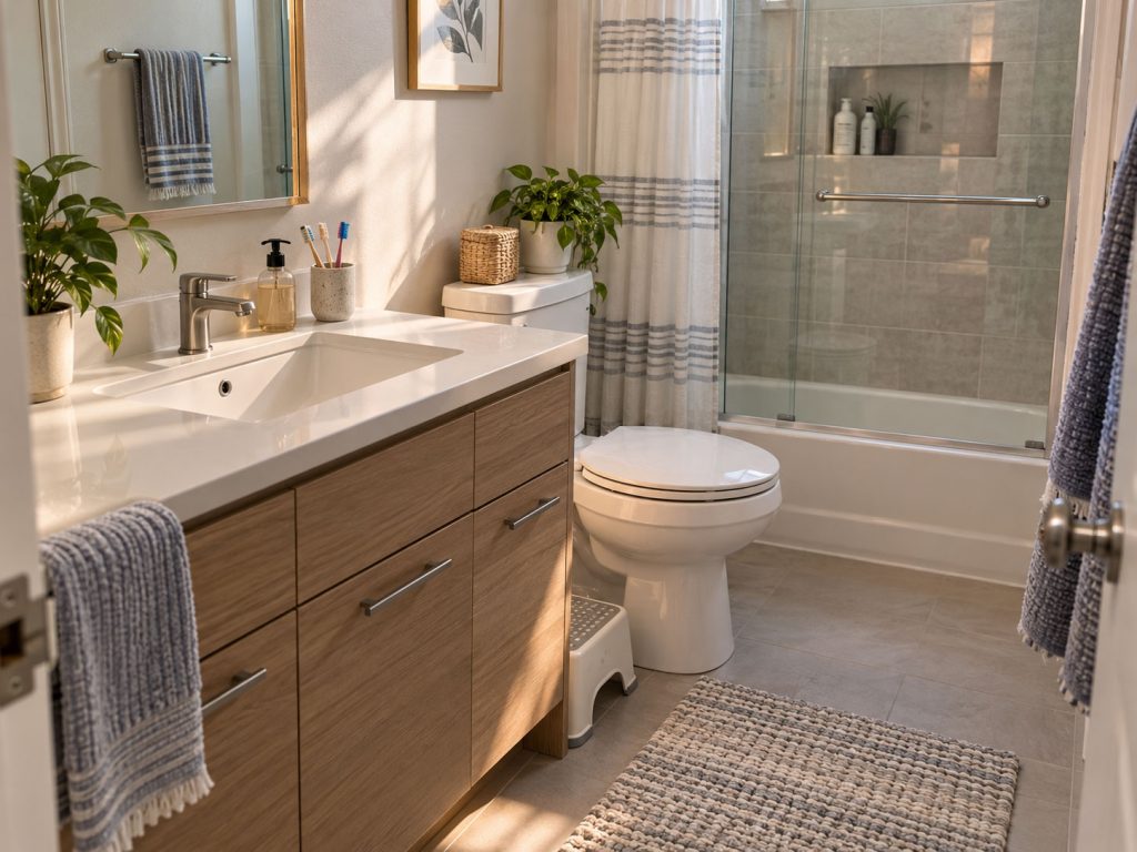 Freshly reset small shared family bathroom with clear sink, clean toilet, and tidy floor.
