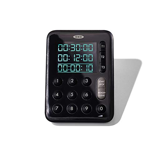 Black OXO triple kitchen timer with three displayed countdowns
