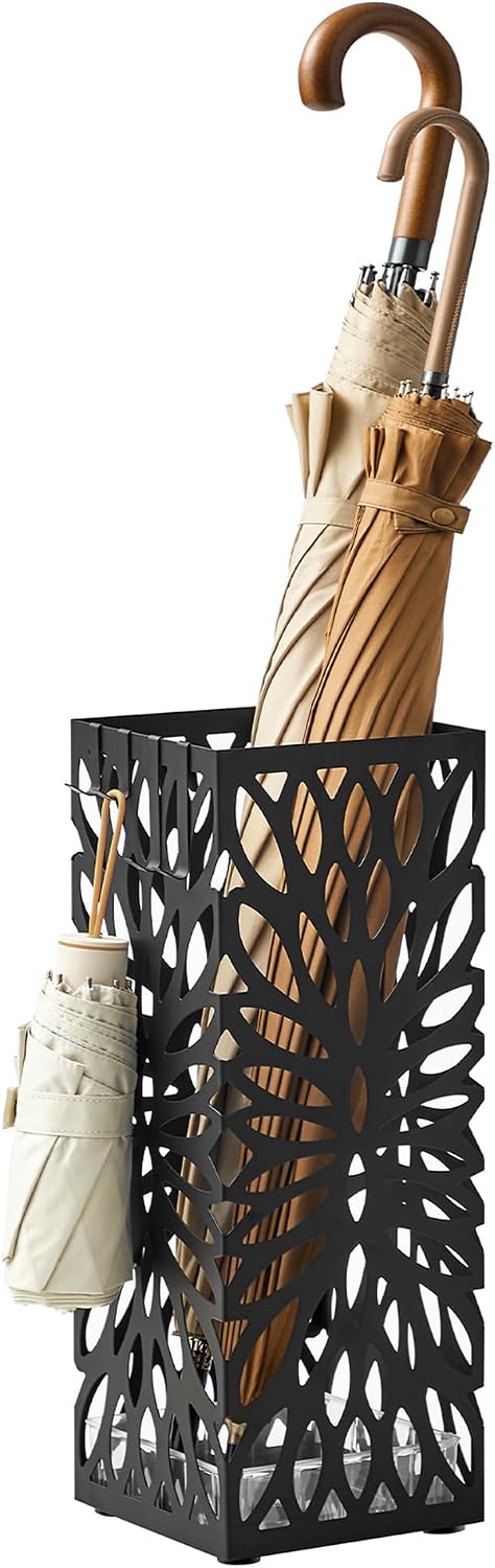 SONGMICS Steel square umbrella stand with drip tray, black product image from the linked Amazon listing