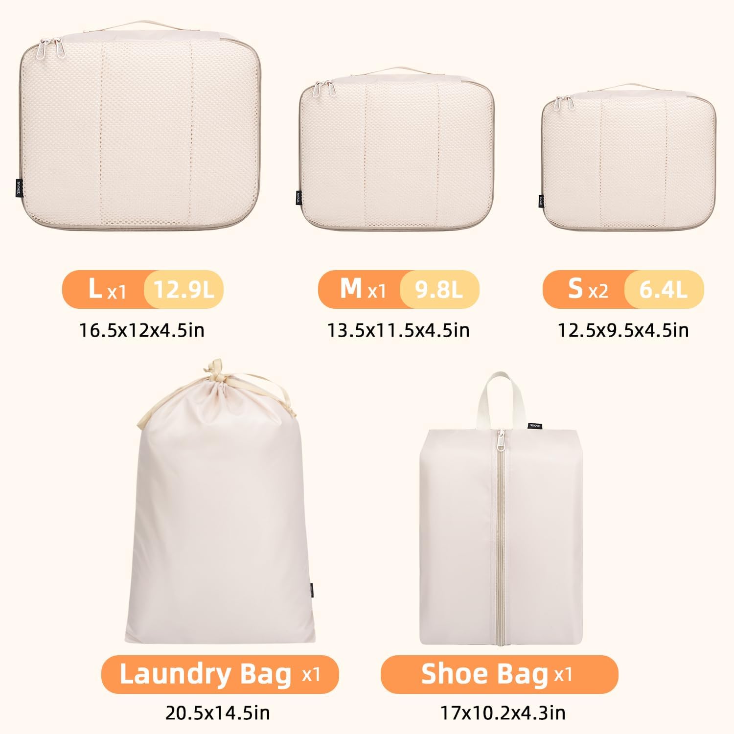 BAGAIL 6-Set Packing Cubes in Beige listing gallery image 1