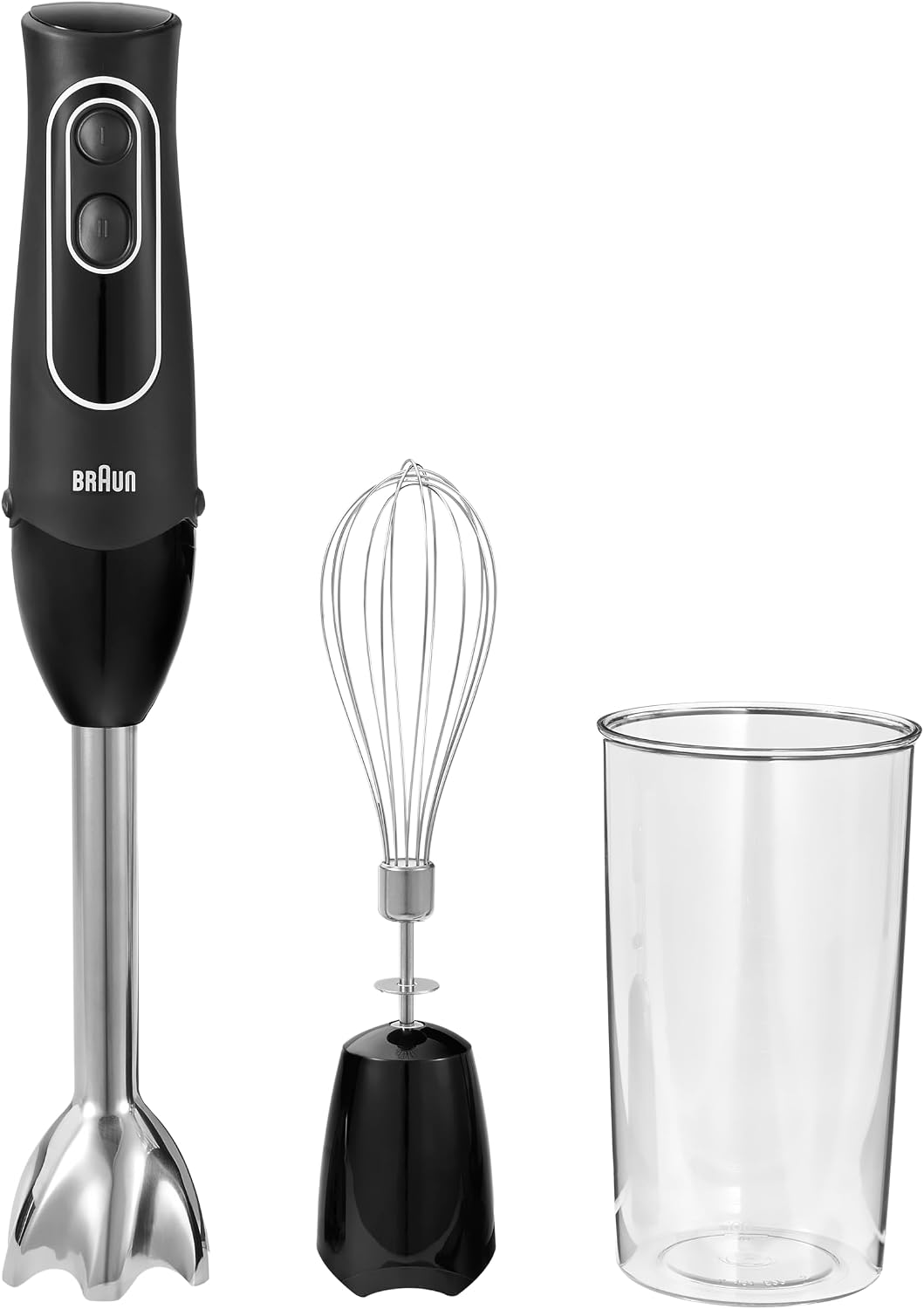 Braun MQ505 motor, blending shaft, whisk attachment, and beaker