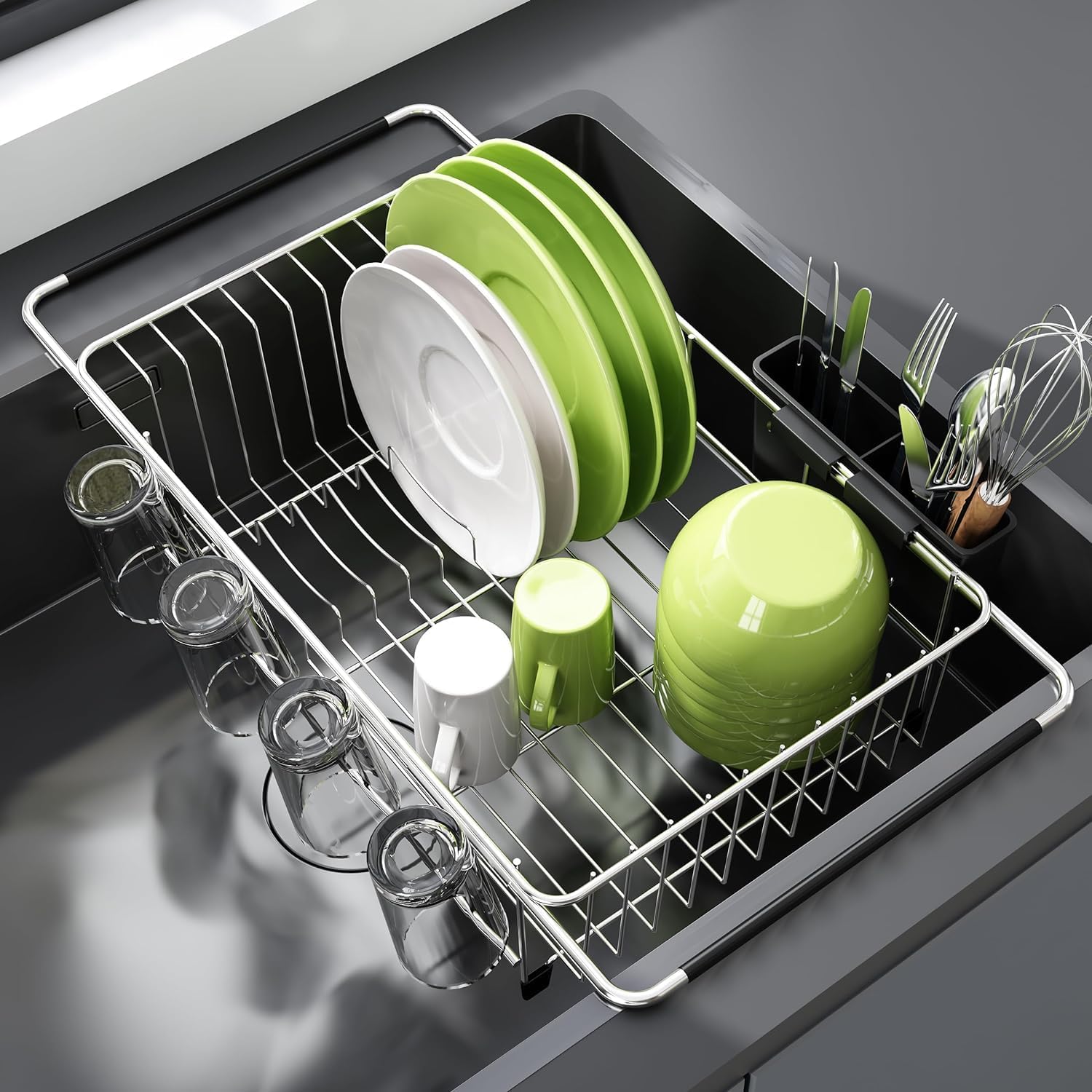 JASIWAY over-sink dish rack holding plates and bowls