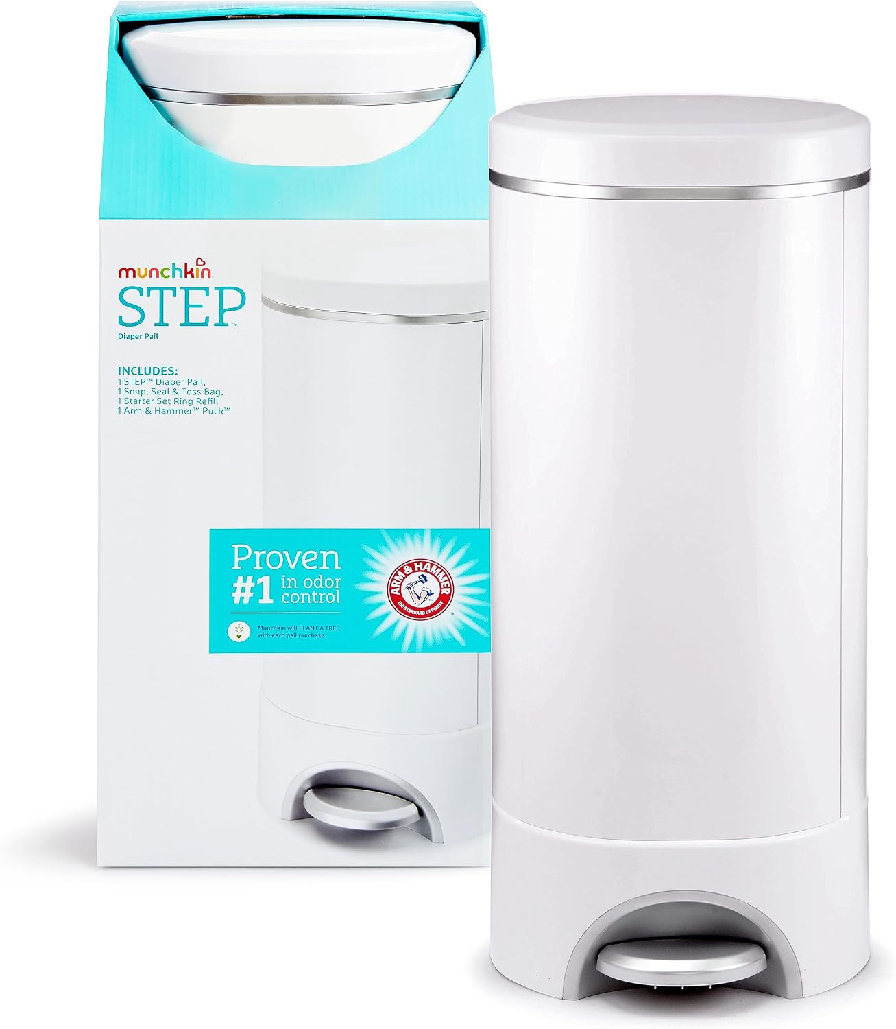 Munchkin STEP Diaper Pail, white product image from the linked Amazon listing