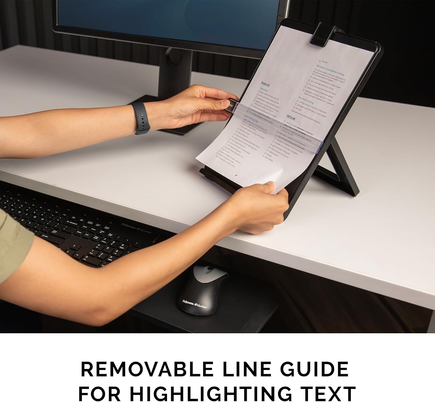 Fellowes promotional image showing the 21106 line guide used on a sheet