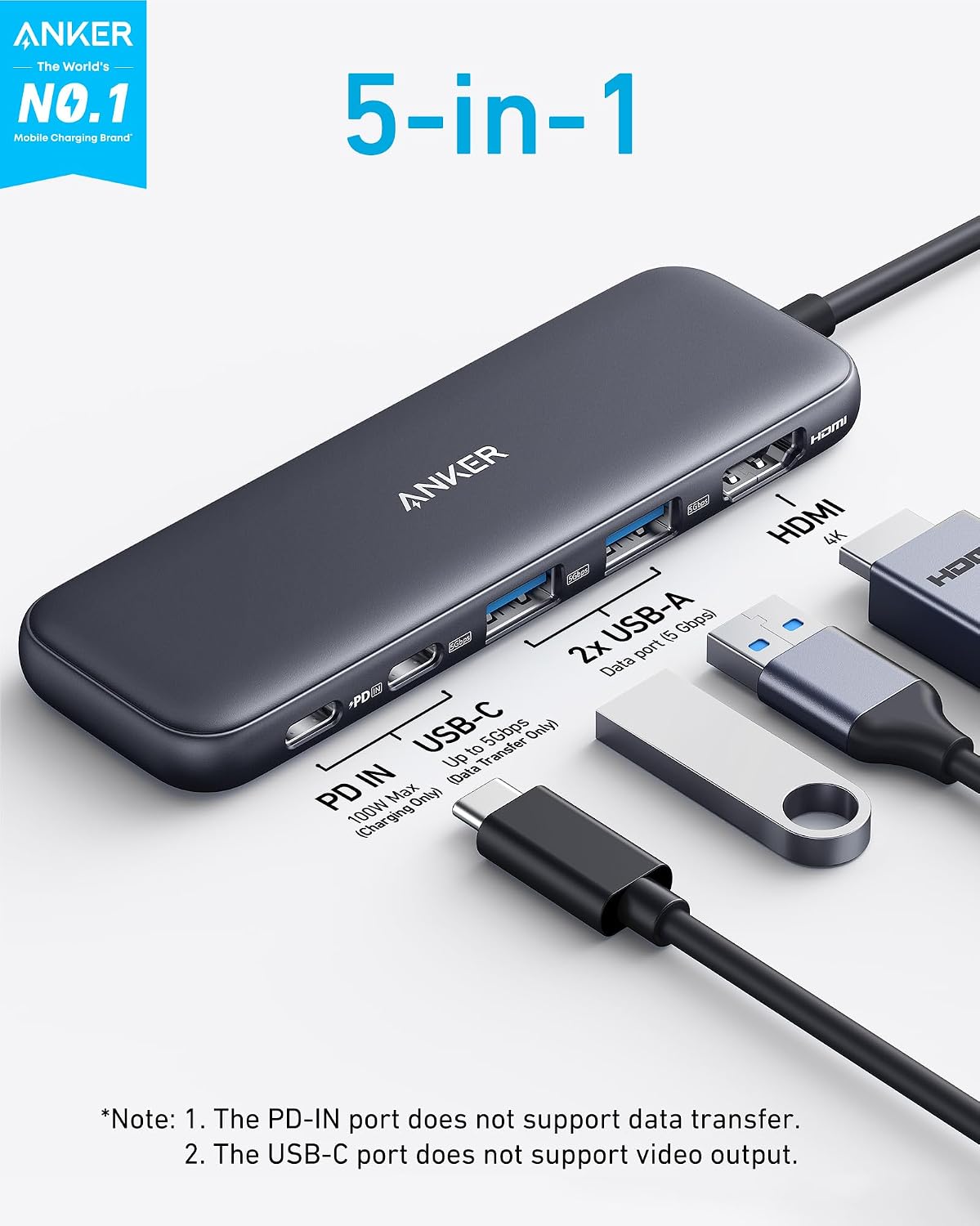 Anker 332 USB-C Hub 5-in-1, black listing gallery image 1