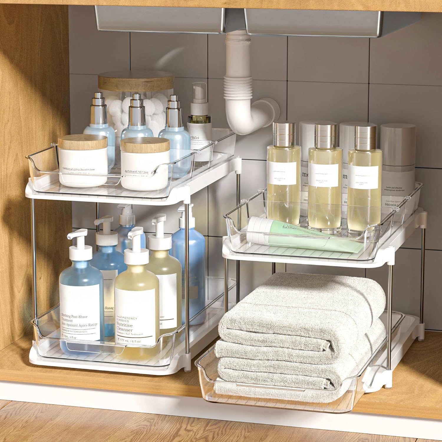 Delamu organizers inside a bathroom cabinet