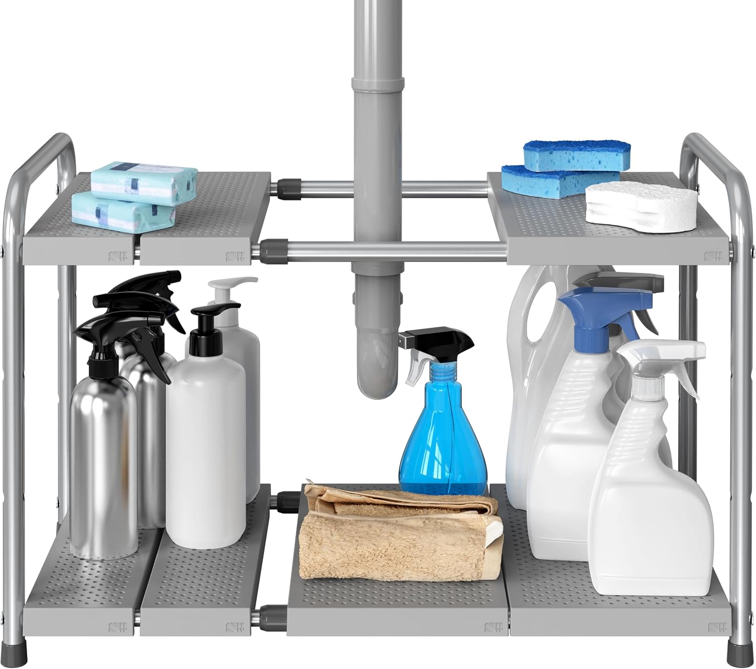 Simple Houseware shelves arranged around a drain pipe