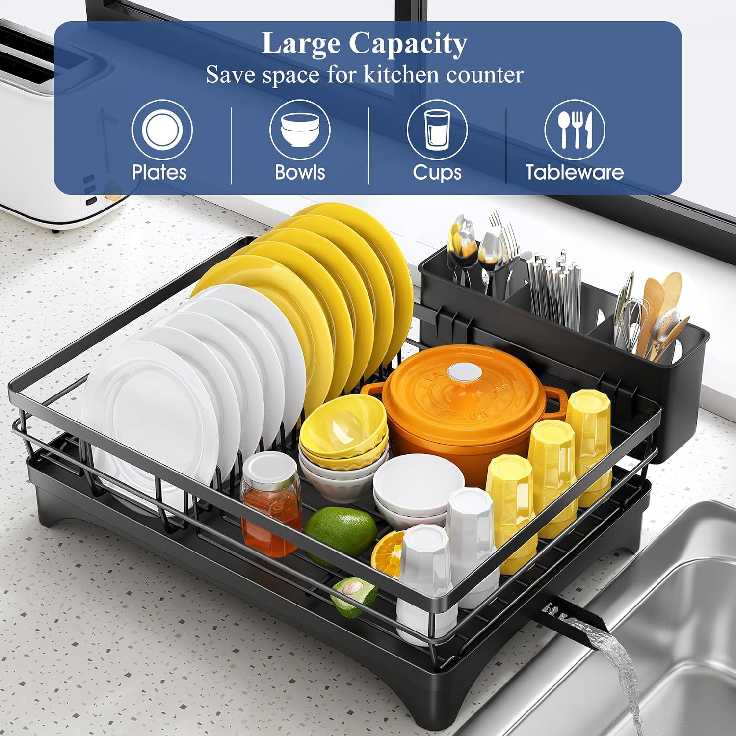 SNTD dish rack holding plates, bowls and cups
