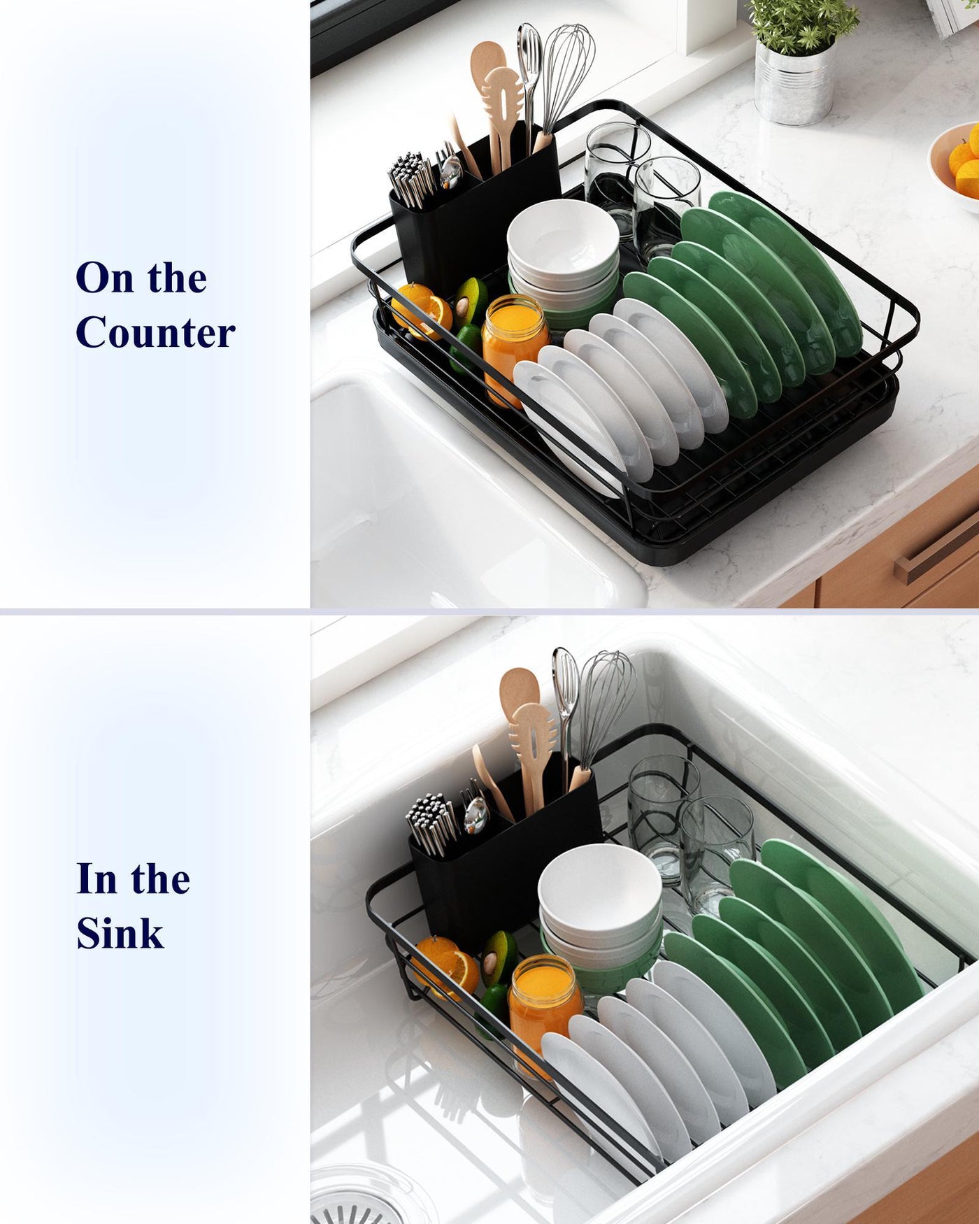Kitsure rack shown on a counter and inside a sink