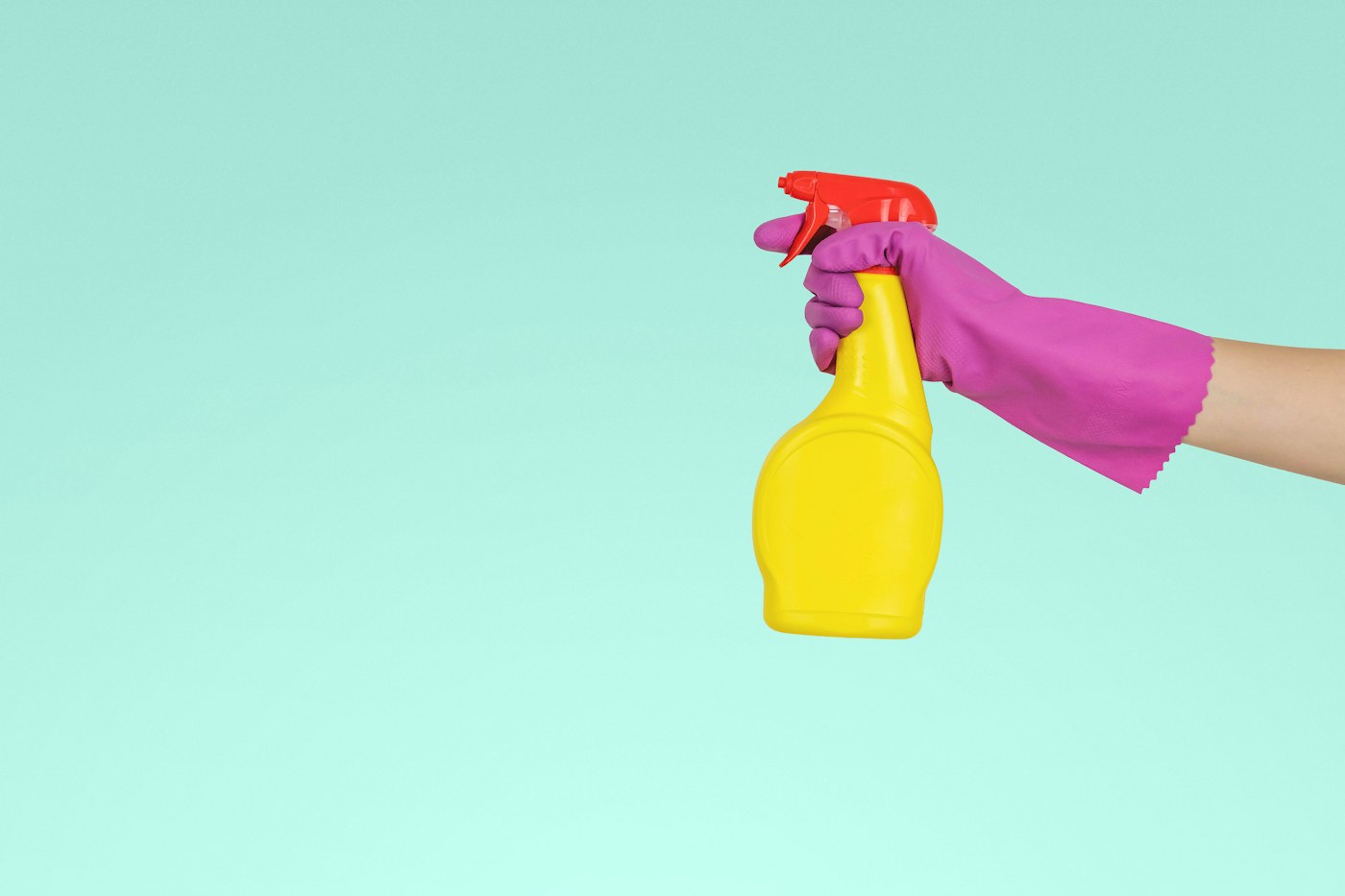 Cleaning supplies grouped for repeating the same task across rooms