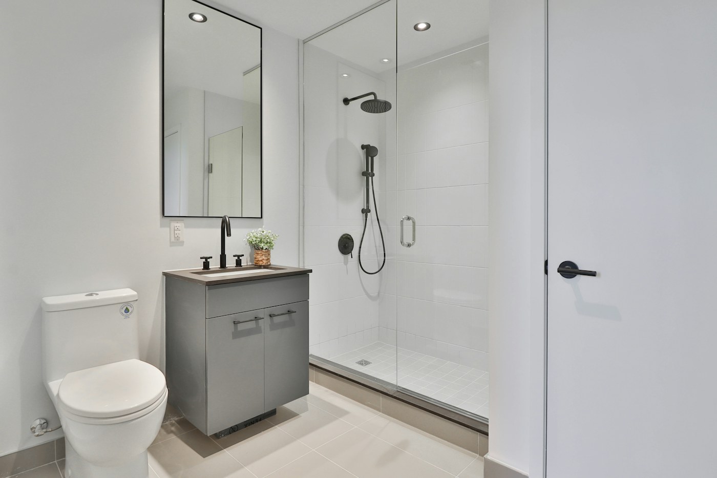 Compact bathroom with shower and limited surfaces for bath products