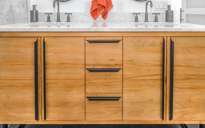 Bathroom vanity showing the enclosed cabinet area used for under-sink storage