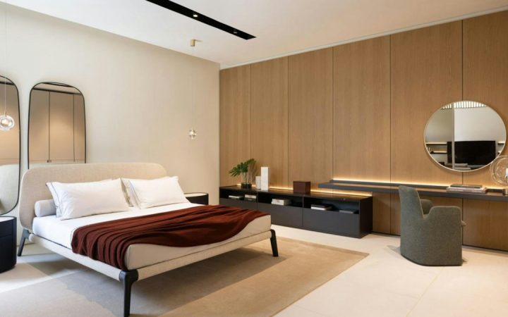 Bedroom with work surface kept within one defined wall zone