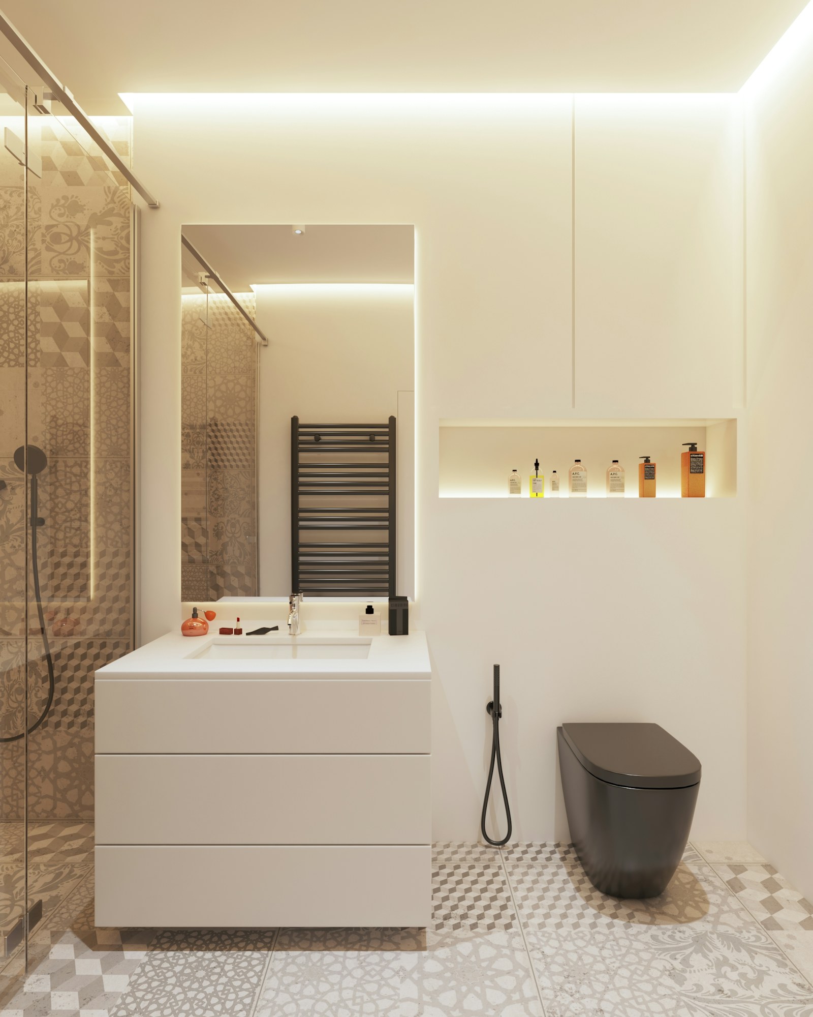 a bathroom with a sink, toilet, and shower
