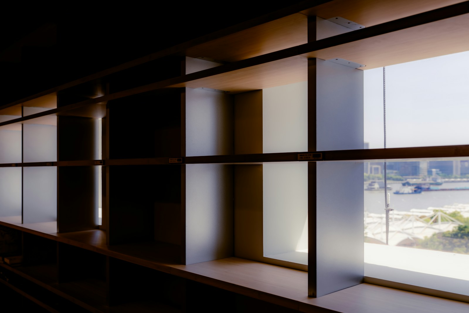 Modern interior design with geometric window panels