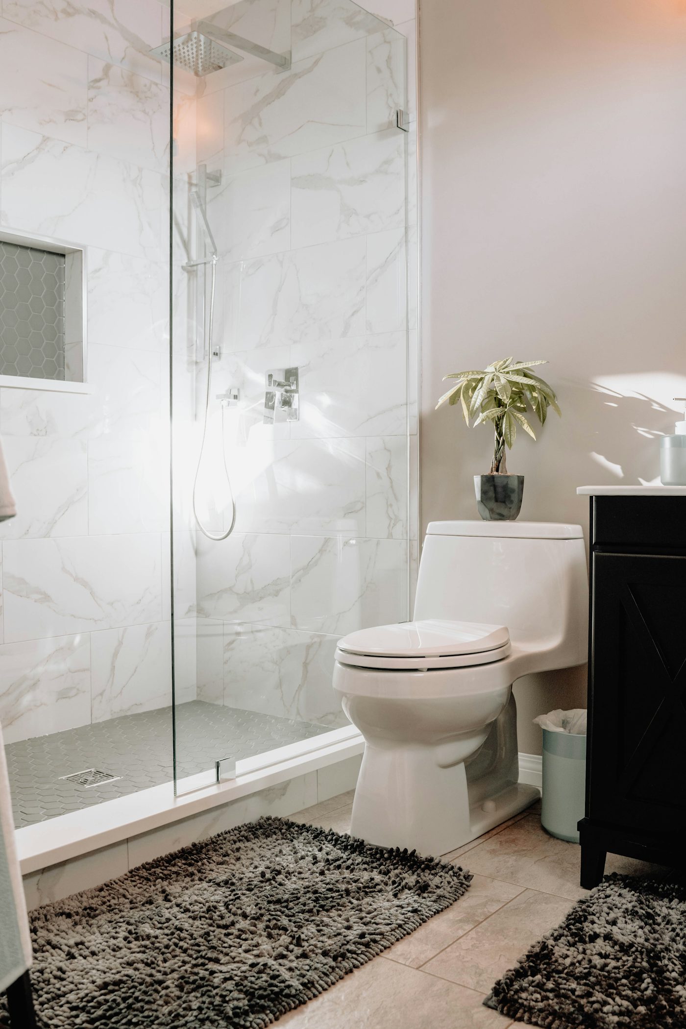 A white toilet beside a glass shower with marble tiles and a small plant