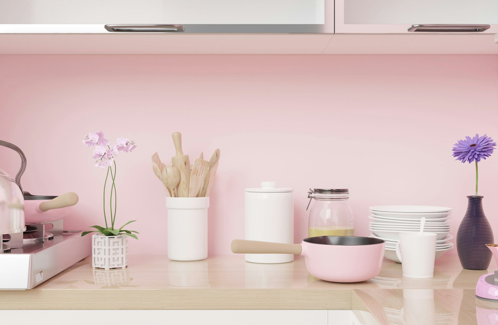 a kitchen counter topped with lots of dishes and vases