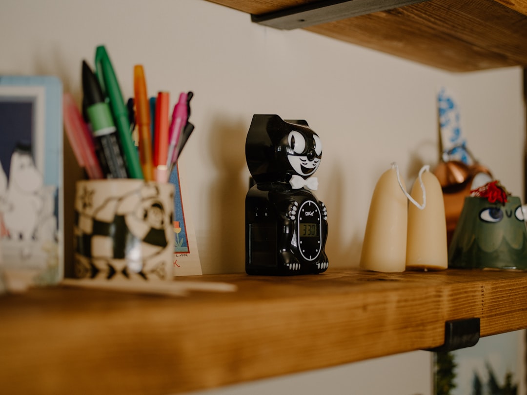 Craft and decorative supplies grouped on shelves for compact storage