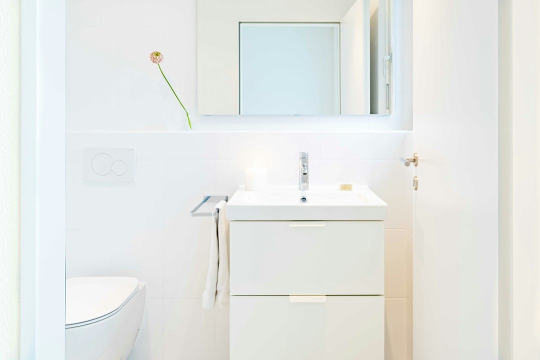 Compact bathroom showing limited, contained daily-use items