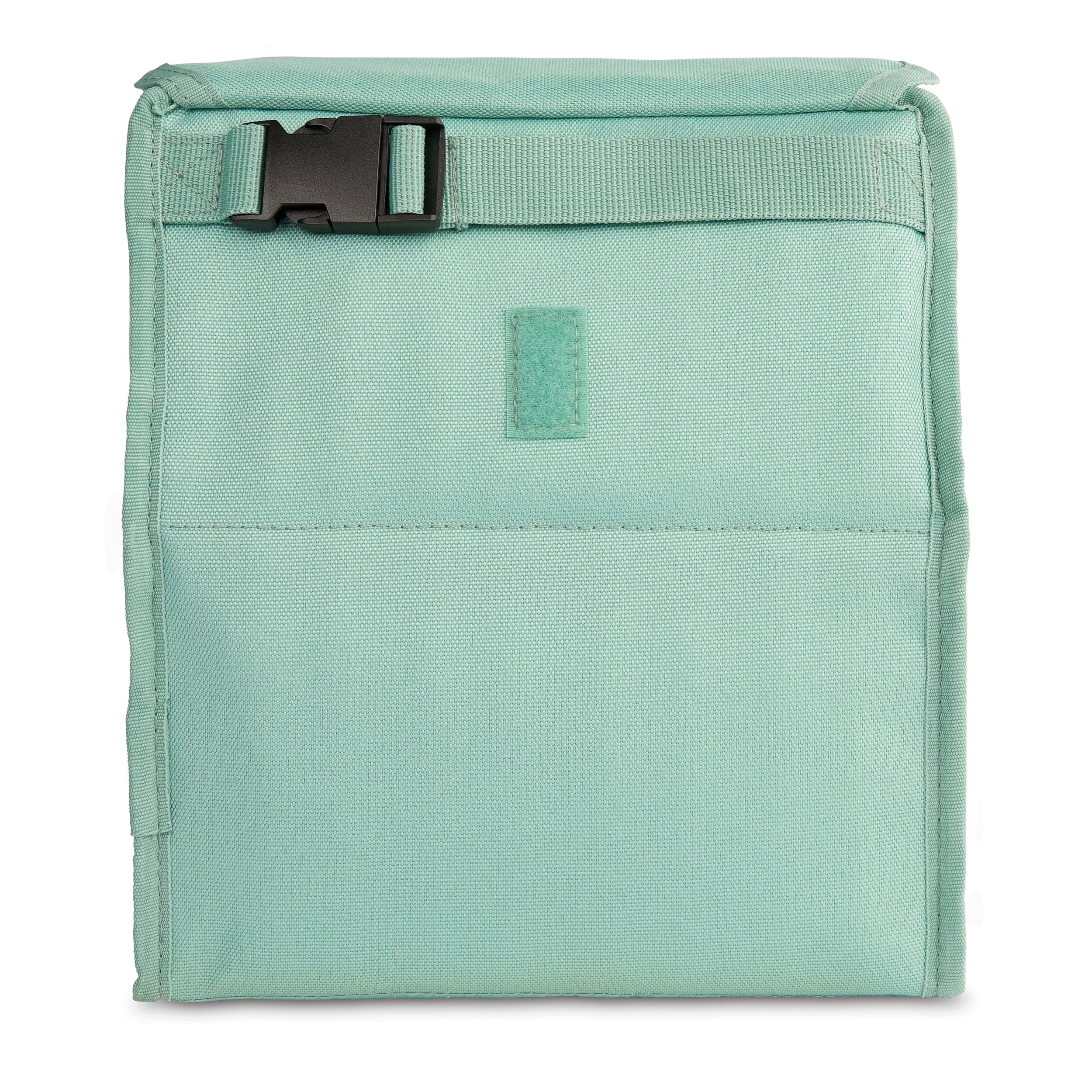 The back panel and buckle of a sage insulated lunch bag