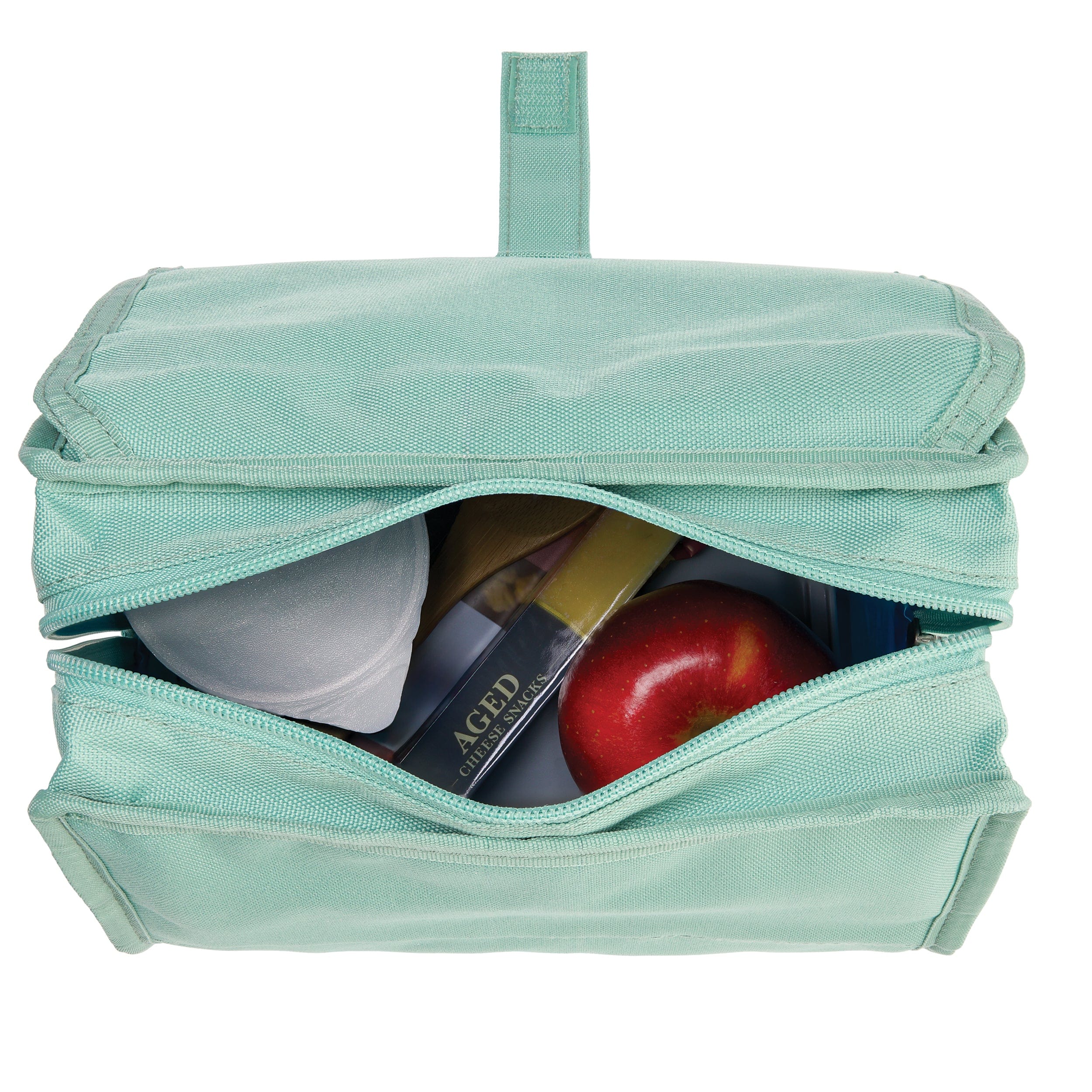 An open lunch bag viewed from above with containers inside
