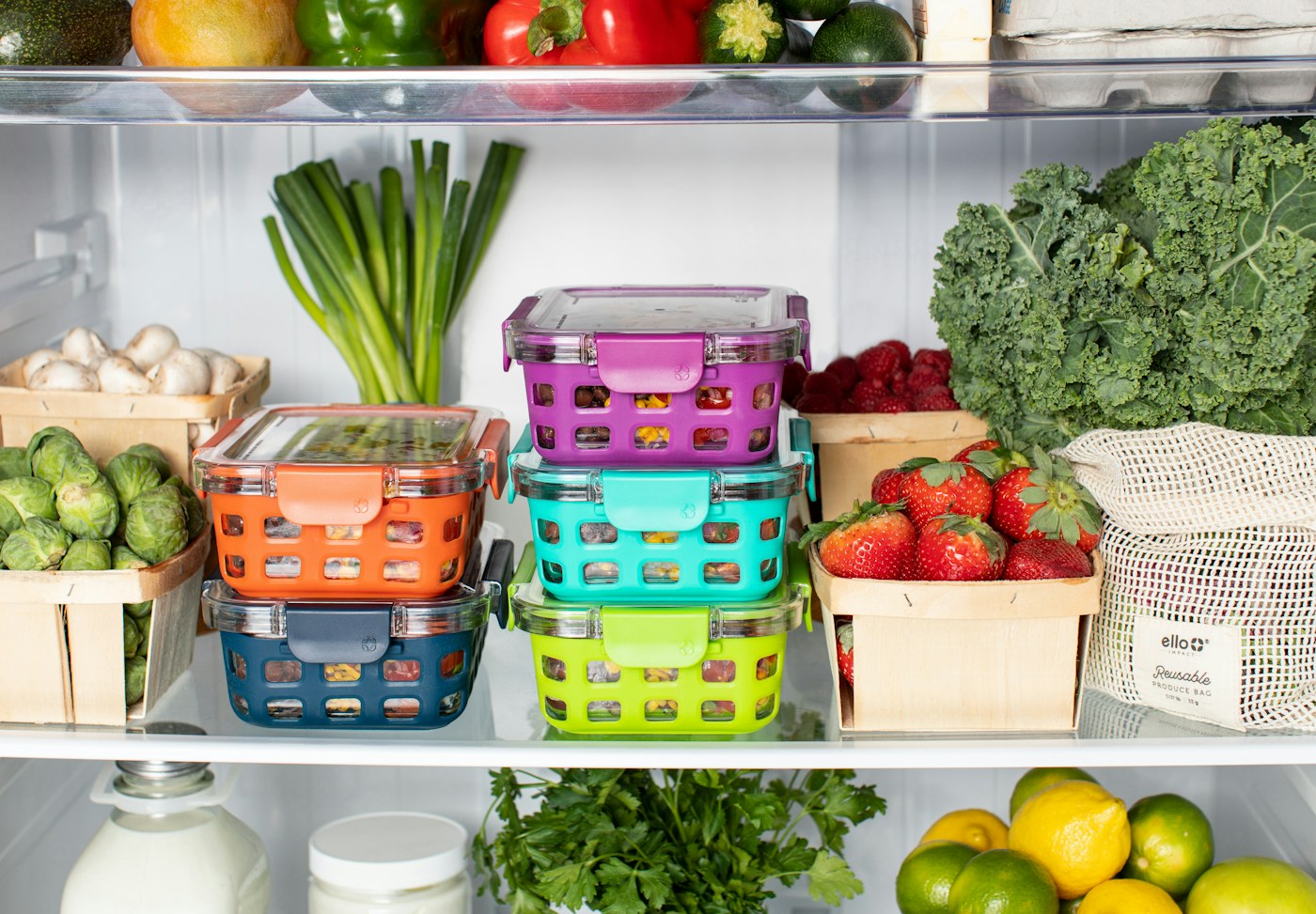 Refrigerator with visible produce and prepared-food zones