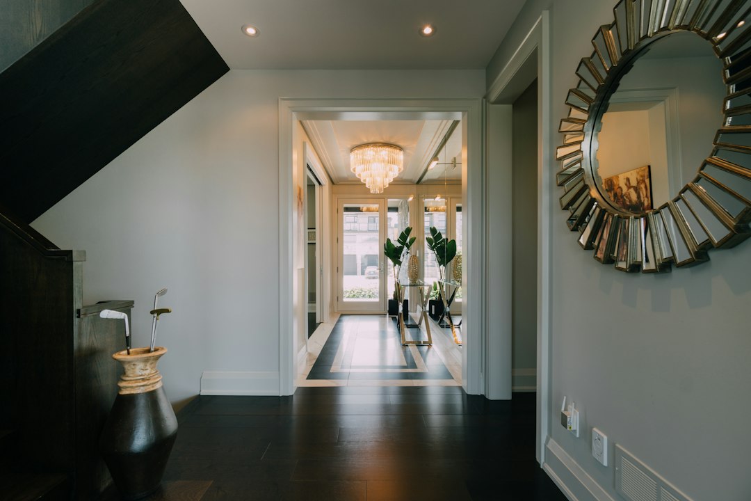 Narrow hallway with mirror and open circulation that can support a compact entry system