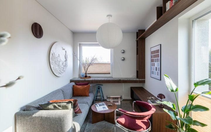 Compact apartment desk area with a clear work surface