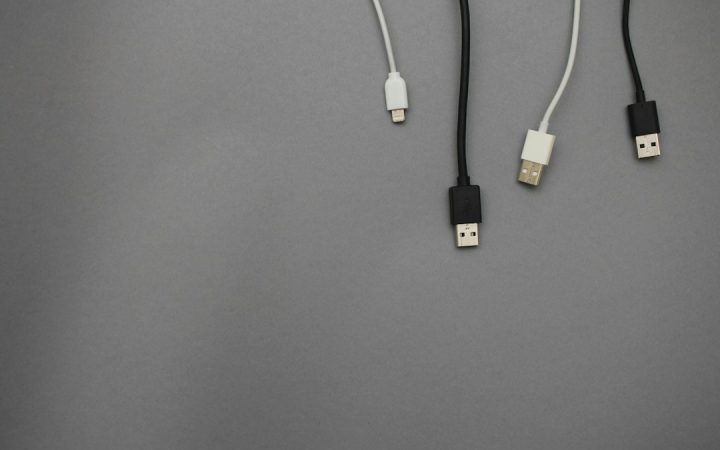 Different charging cables gathered together before sorting and labeling